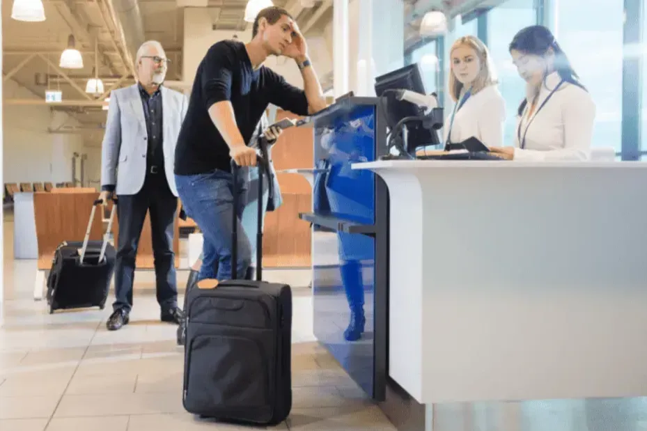 Staff Checking Male Passenger At Counter In Airport