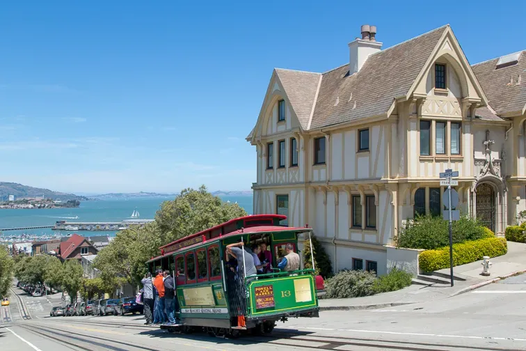 Cable car on Hyde street in San Francisco.; Courtesy Visit California