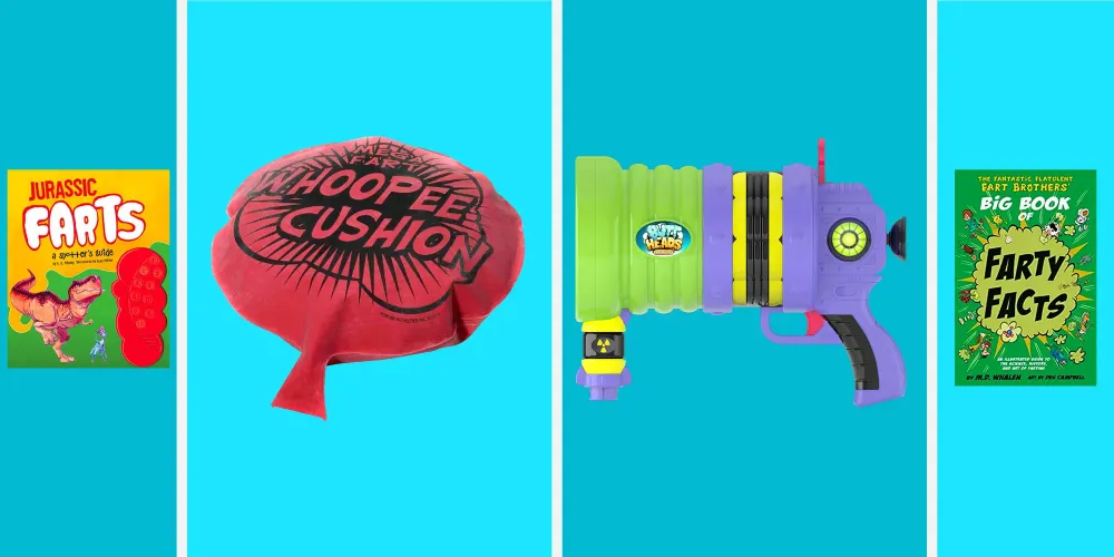 Fart joke books, whoopee cushion, fart gun
