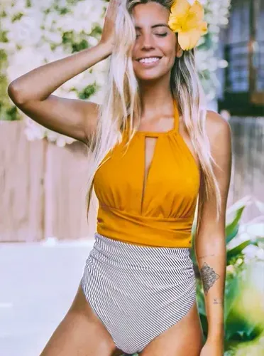 TEXTURED AND STRIPED HALTER ONE-PIECE SWIMSUIT; Courtesy Cupshe