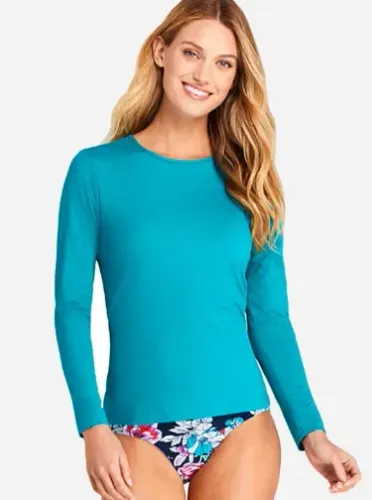 Women's Crew Neck Long Sleeve Rash Guard UPF 50 Sun Protection Modest Swim Tee; Courtesy Lands' End