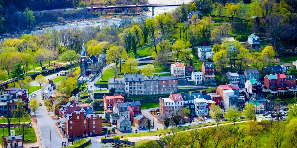 View of the Shenandoah River and Harpers Ferry from Maryland Heights, in Harpers Ferry, West Virginia.; Courtesy of Jon Bilous/Shutterstock
