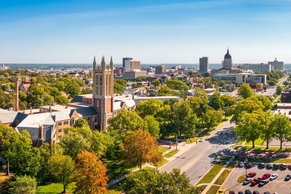 Aerial panorama of Topeka, Kansas along the 10th Avenue.