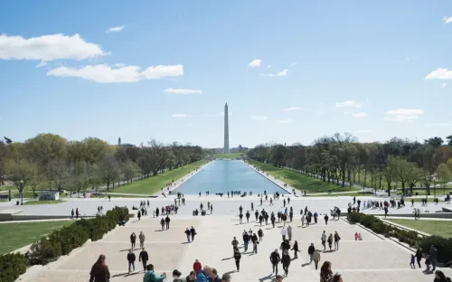 People walking in the plaza in front of the Washington Monument