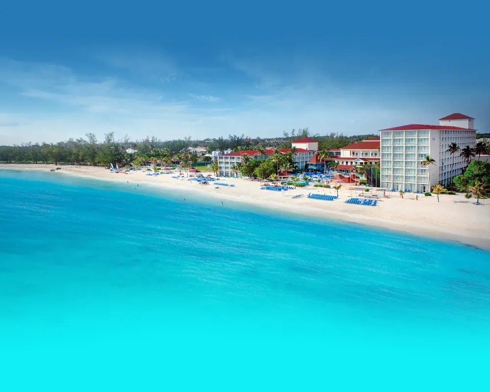 Seaside view of the Breezes Resort & Spa in the Bahamas