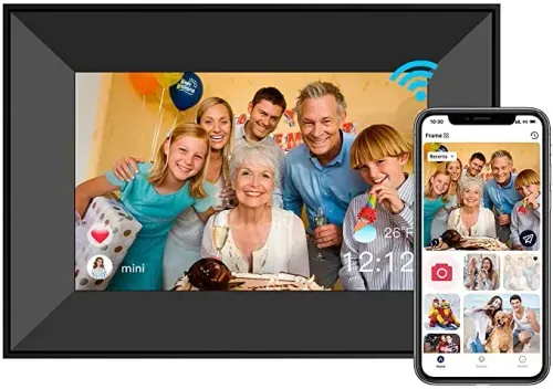 Dreamtime Smart Digital Picture Frame and phone showing the associated app