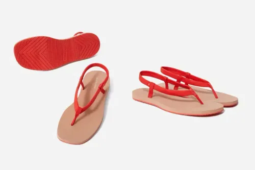 Two views of a pair of The ReNew Strappy Sandal from Everlane