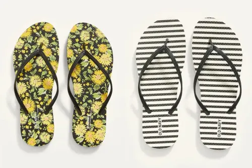 Two pairs of Old Navy Sugarcane Blend Flip-Flops in a flower pattern and a striped pattern