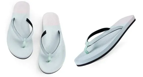 Two views of the Indosole Women's ESSNTLS Vegan Flip Flops
