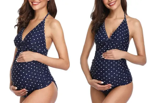 Two views of the MiYang Women’s Halter Maternity Tankini