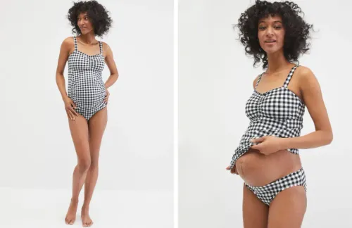 Two views of the Motherhood Ruched Two-Piece Maternity Tankini