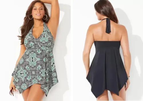 Two views of the Swimsuits for All Handkerchief Halter Two Piece Swimdress