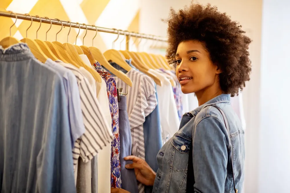 Woman shopping for clothes at clothes rack