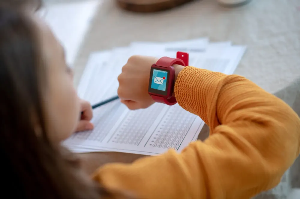 Girl doing homework and looking at her smartwatch, which shows an alert to a new message