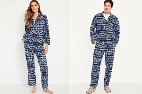 Two models wearing Hanukkah pajamas from Old Navy